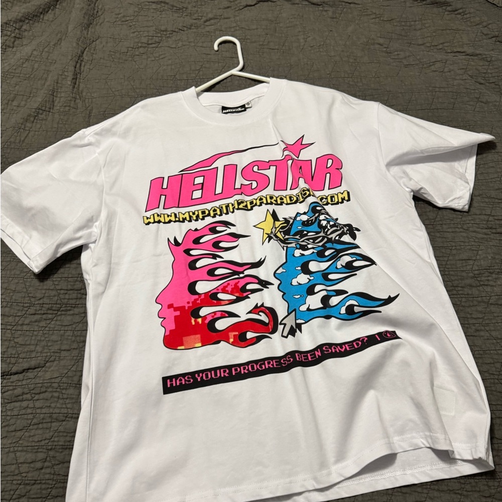 Hellstar Graphic Tee - White with Pink & Blue Print
